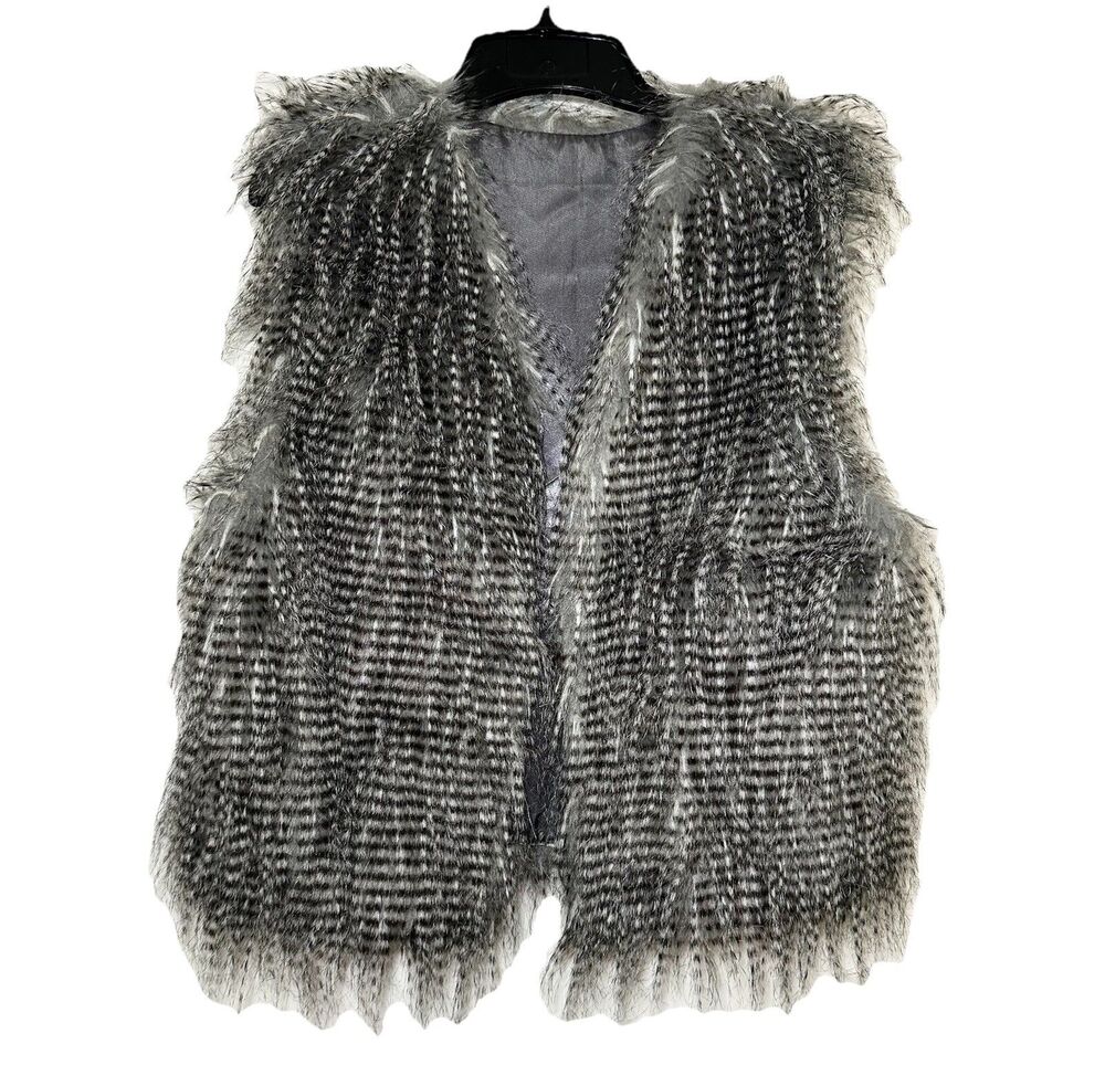 Fashion Bug Faux Fur Vest L XL Gray Shaggy Feather Look Y2K Boho NWT